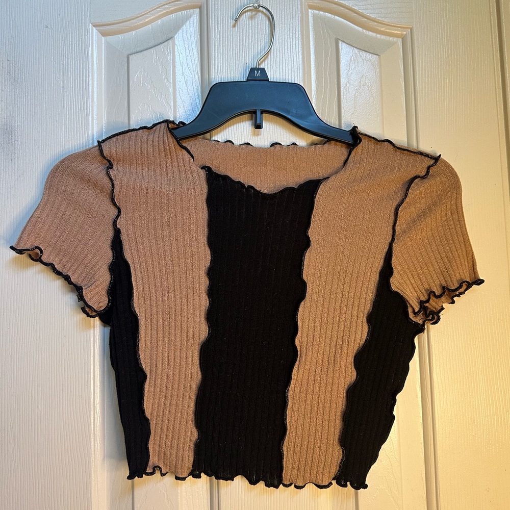 Black and Beige Ruffled Crop Top